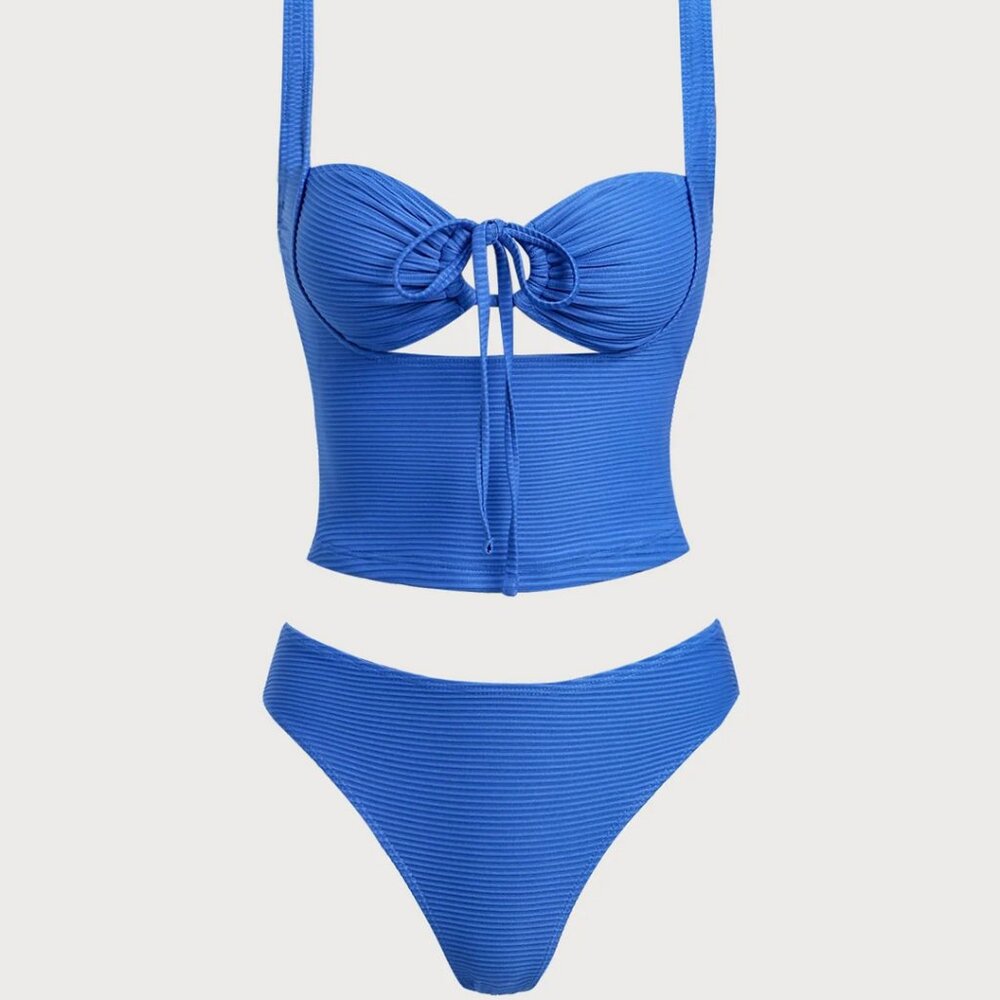 Samiol Blue Hollow Tie Rope Tankini Set